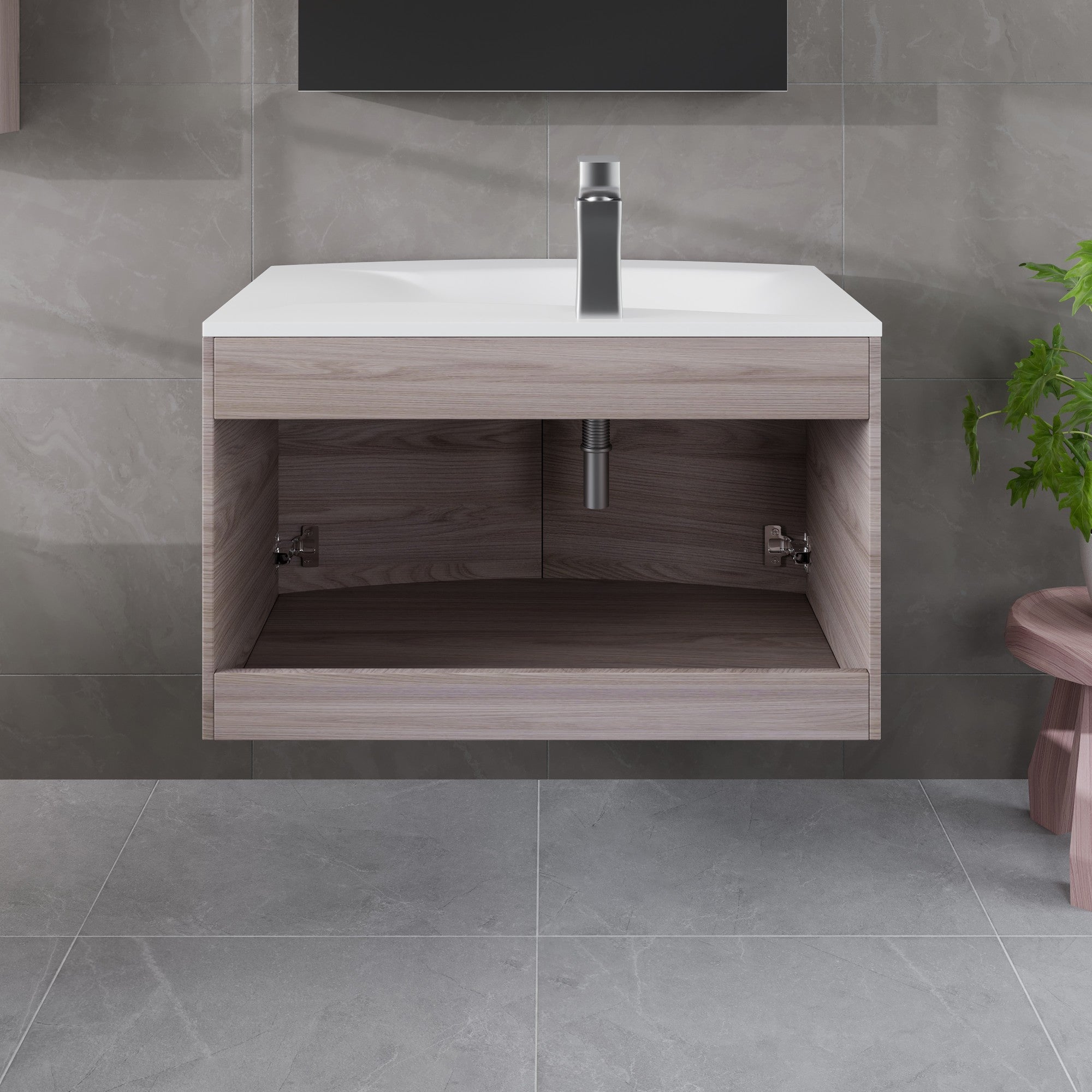 Romina 28 in. Gray Oak Wall Mount Single Sink Bath Vanity with Acrylic Top and Integrated Sink