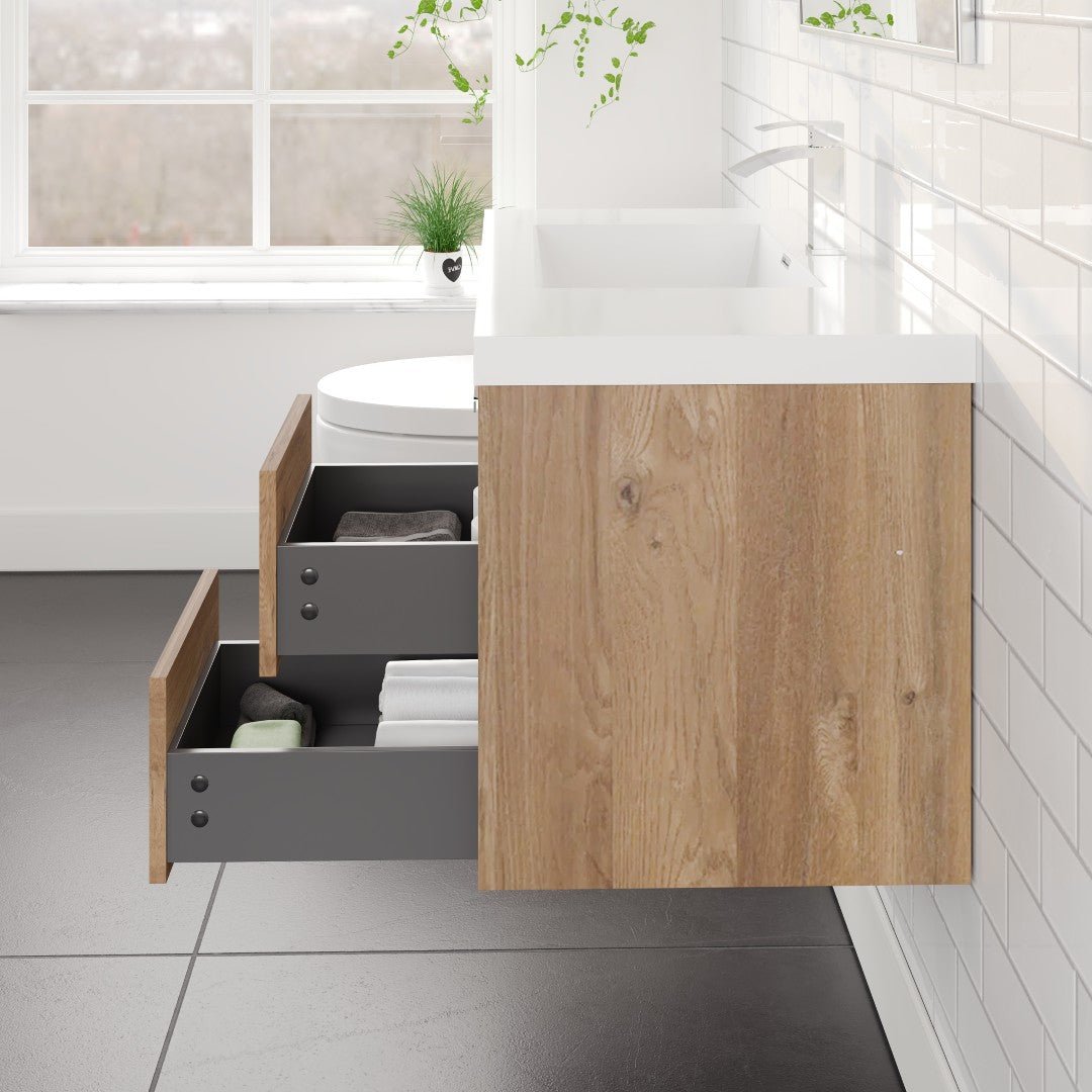 Lugano 36 in. Natural Oak Wall Mount Single Sink Bath Vanity with Acrylic Top and Integrated Sink - Bathroom Vanity by Eviva