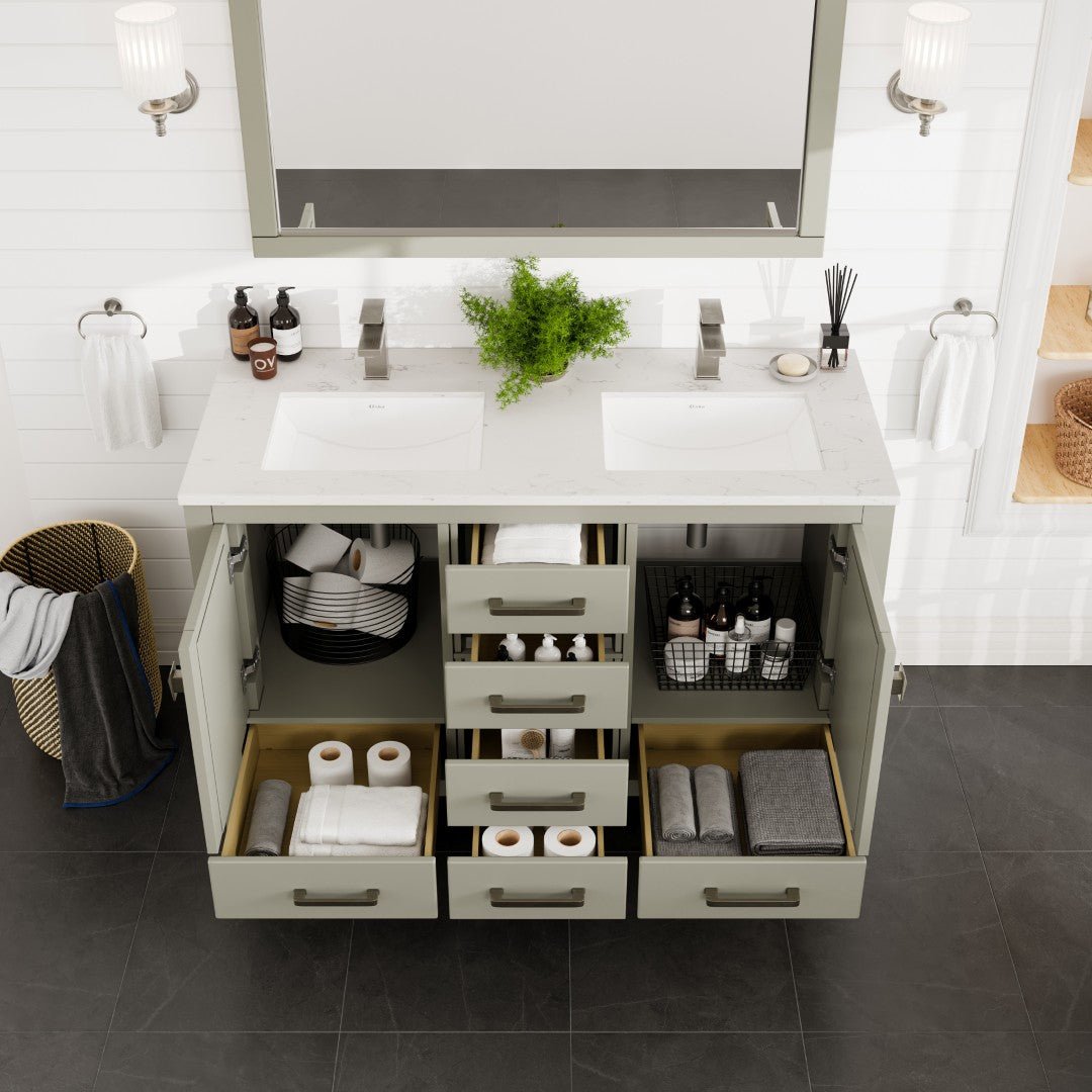 London 54 in. Gray Double Sink Bath Vanity with Carrara Quartz Top and Undermount Porcelain Sinks - Bathroom Vanity by Eviva