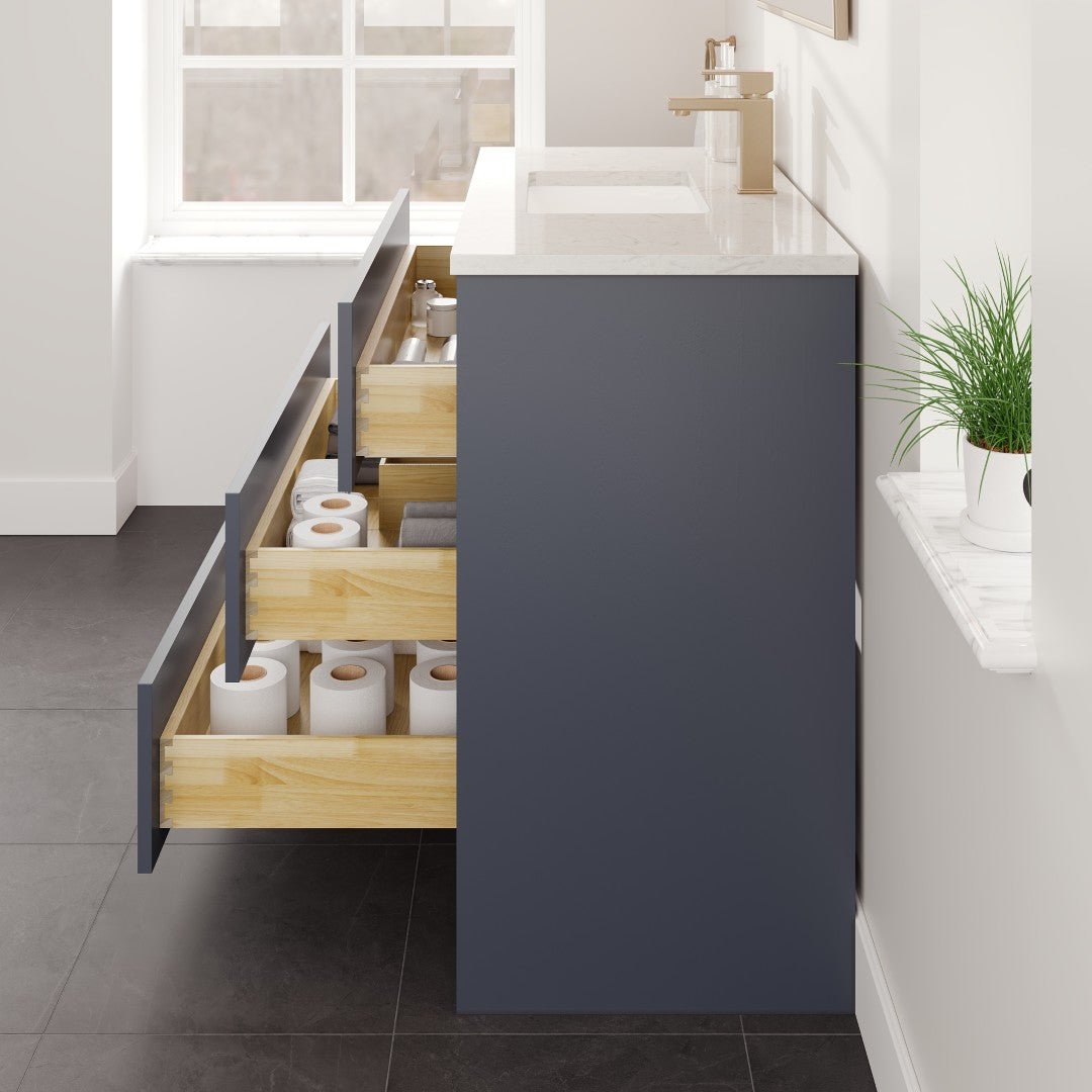 Curio 36 in. Dark Blue Single Sink Bath Vanity with Carrara Quartz Top and Undermount Porcelain Sink - Bathroom Vanity by Eviva