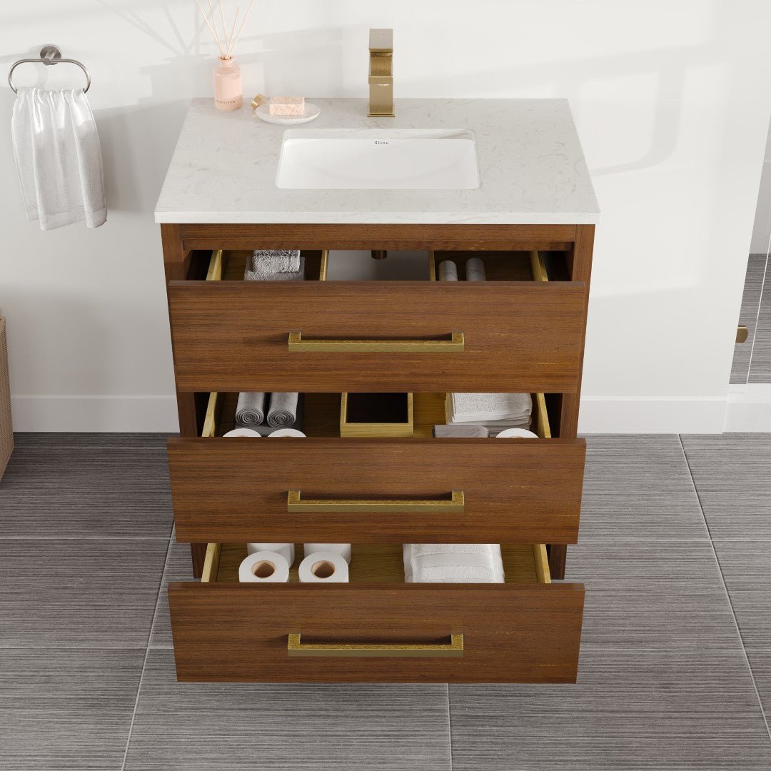 Curio 30 in. Walnut Single Sink Bath Vanity with Carrara Quartz Top and Undermount Porcelain Sink - Bathroom Vanity by Eviva