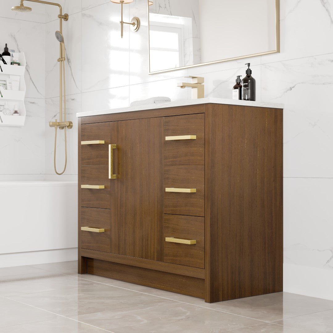 Curio 42 in. Walnut Single Sink Bath Vanity with Carrara Quartz Top and Undermount Porcelain Sink - Bathroom Vanity by Eviva