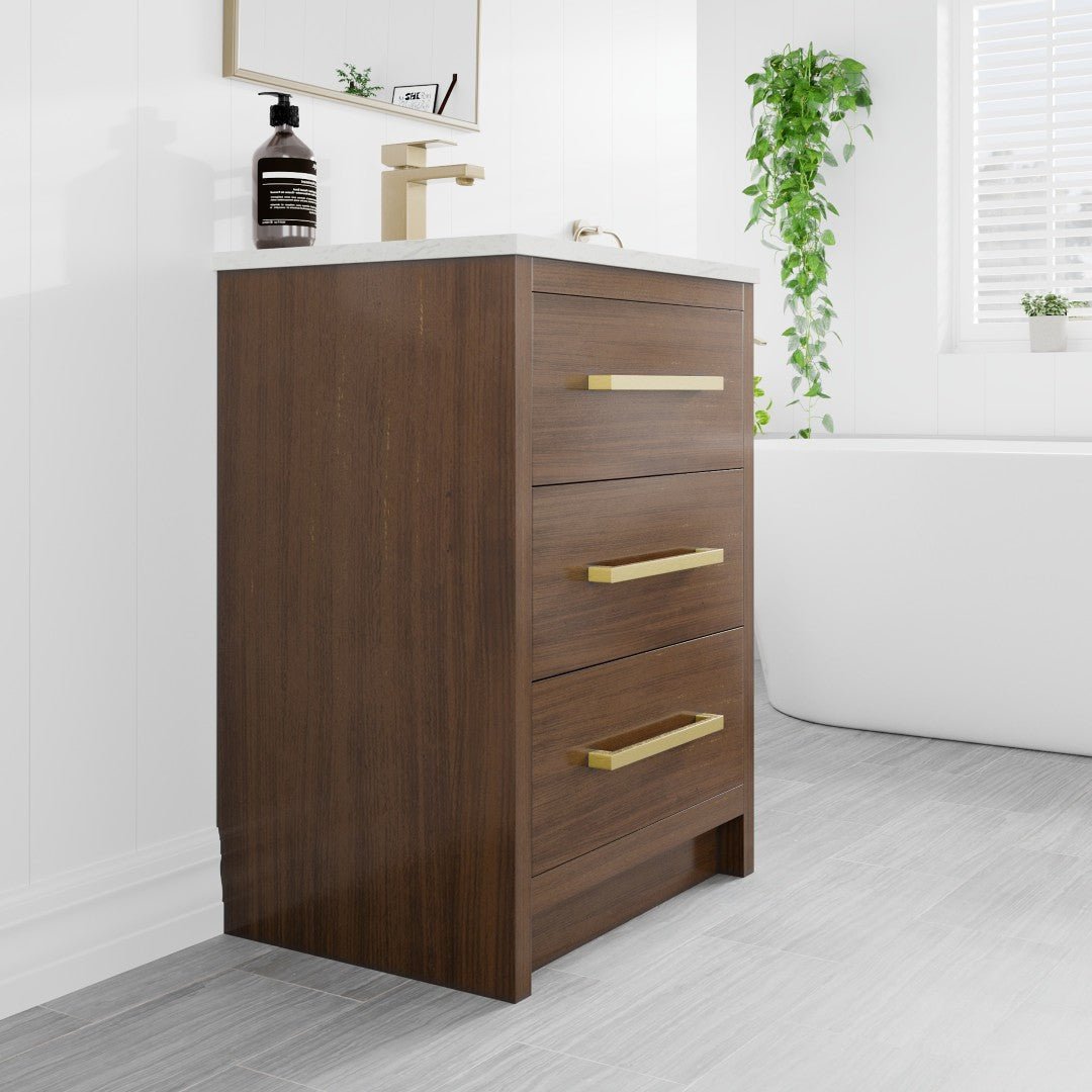 Curio 24 in. Walnut Single Sink Bath Vanity with Carrara Quartz Top and Undermount Porcelain Sink - Bathroom Vanity by Eviva