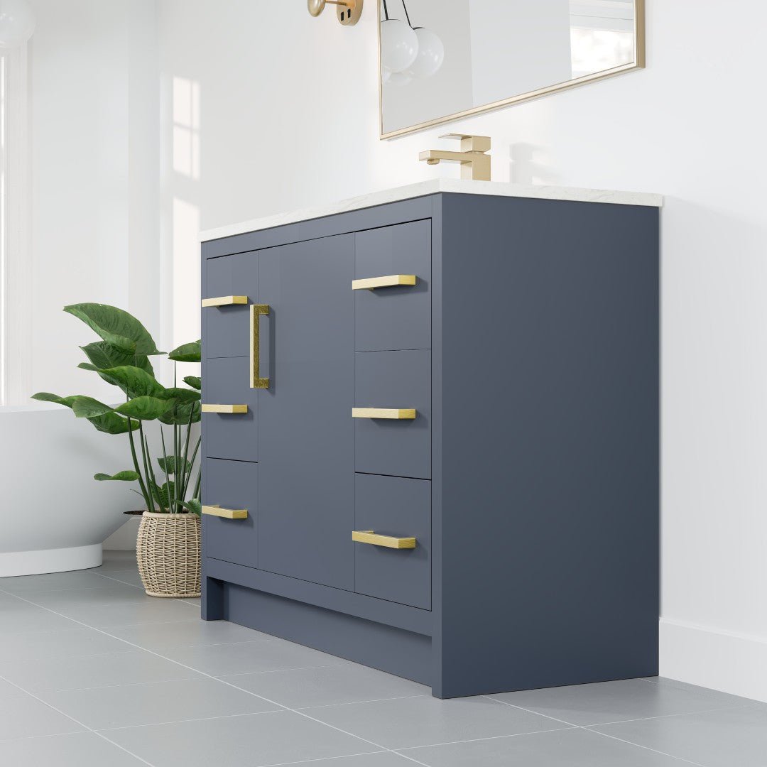 Curio 42 in. Dark Blue Single Sink Bath Vanity with Carrara Quartz Top and Undermount Porcelain Sink - Bathroom Vanity by Eviva
