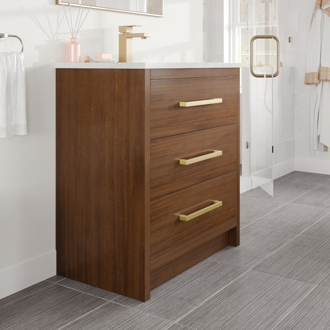 Curio 30 in. Walnut Single Sink Bath Vanity with Carrara Quartz Top and Undermount Porcelain Sink - Bathroom Vanity by Eviva