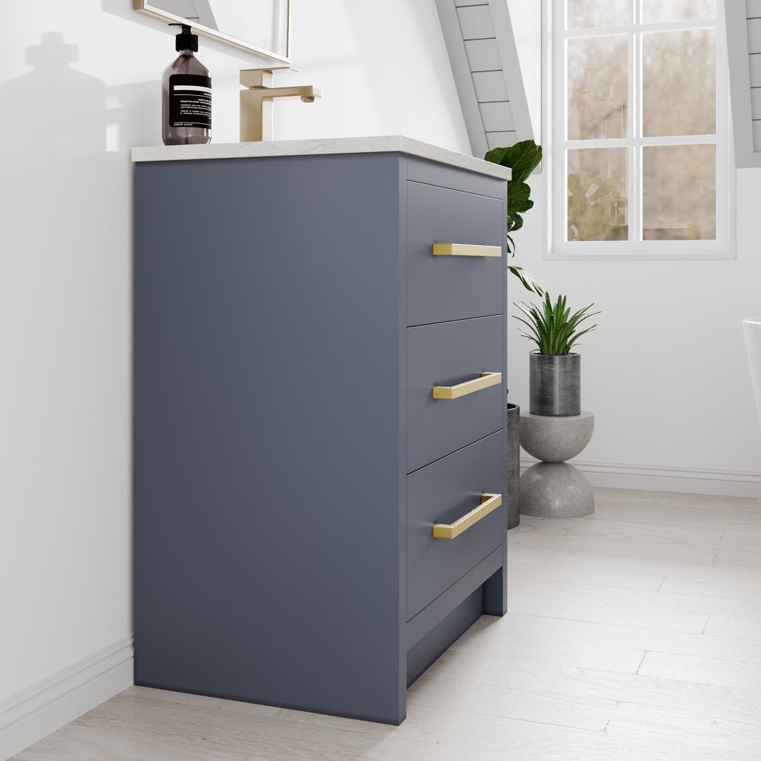 Curio 24 in. Dark Blue Single Sink Bath Vanity with Carrara Quartz Top and Undermount Porcelain Sink - Bathroom Vanity by Eviva