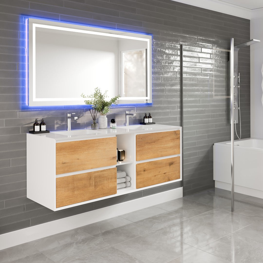 Vienna 60" WH Oak Wall Mount Double Sink Bath Vanity with Acrylic Top and Integrated Sinks