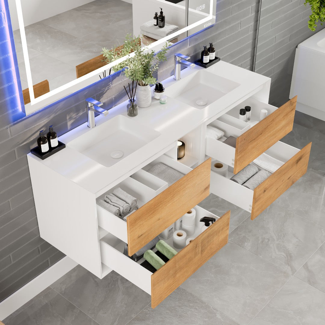 Vienna 60" WH Oak Wall Mount Double Sink Bath Vanity with Acrylic Top and Integrated Sinks