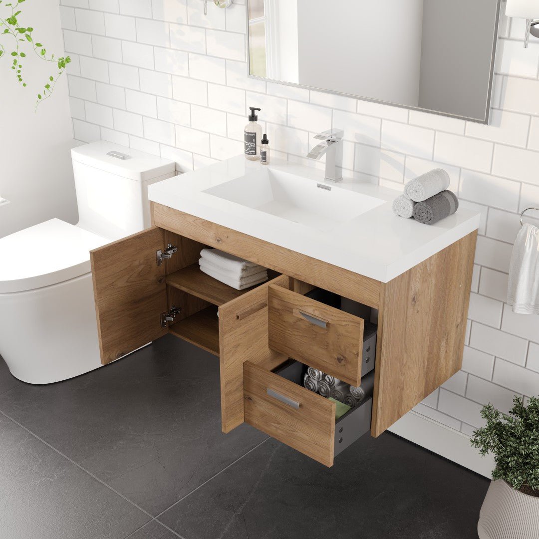 Lugano 36 in. Natural Oak Wall Mount Single Sink Bath Vanity with Acrylic Top and Integrated Sink - Bathroom Vanity by Eviva