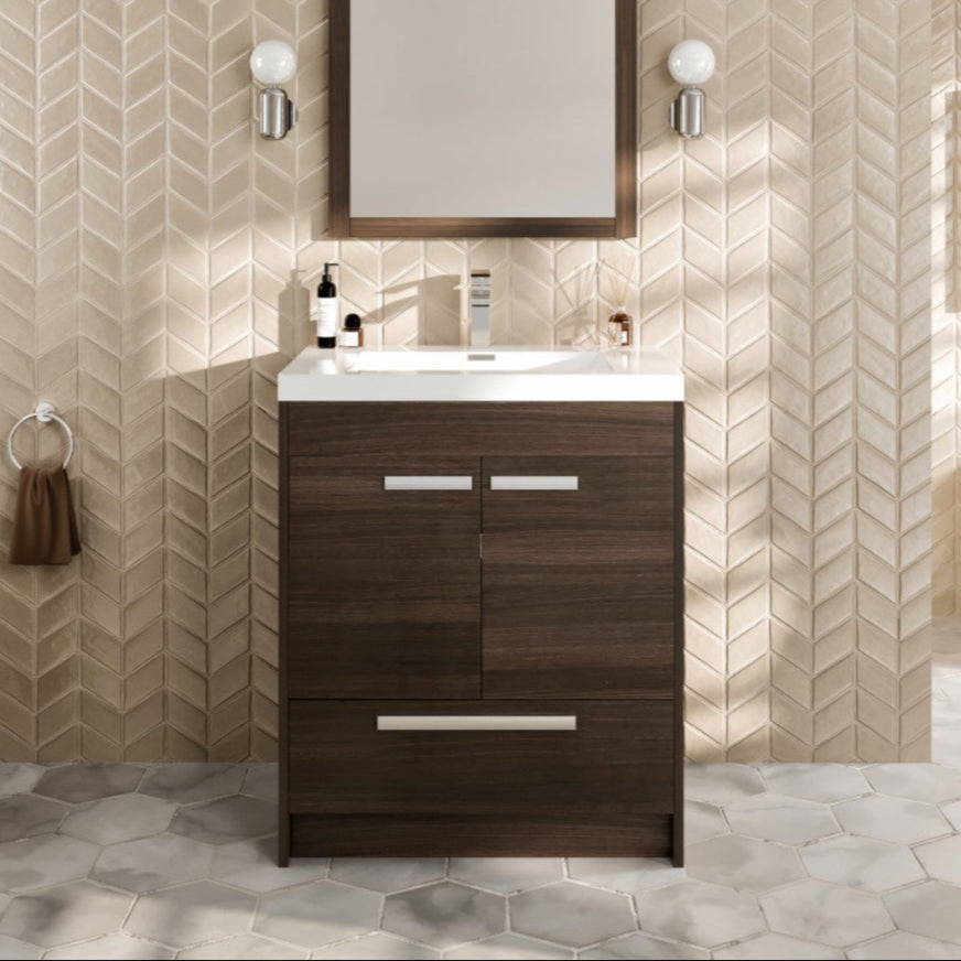 A modern Lugano 24 in. gray oak single sink bath vanity with an acrylic top and integrated sink, displayed in a bathroom setting with a mirror above the vanity.