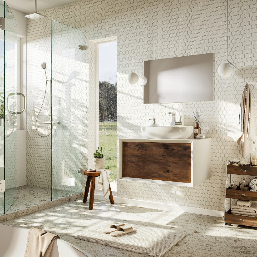 Santa Monica 30 in. Rosewood Wall Mount Single Sink Bath Vanity with Acrylic Top and Vessel Solid Surface Sink