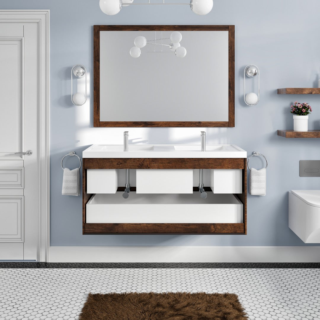 Smile 48 in. Rosewood Wall Mount Double Sink Bath Vanity with Acrylic Top and Integrated Sinks