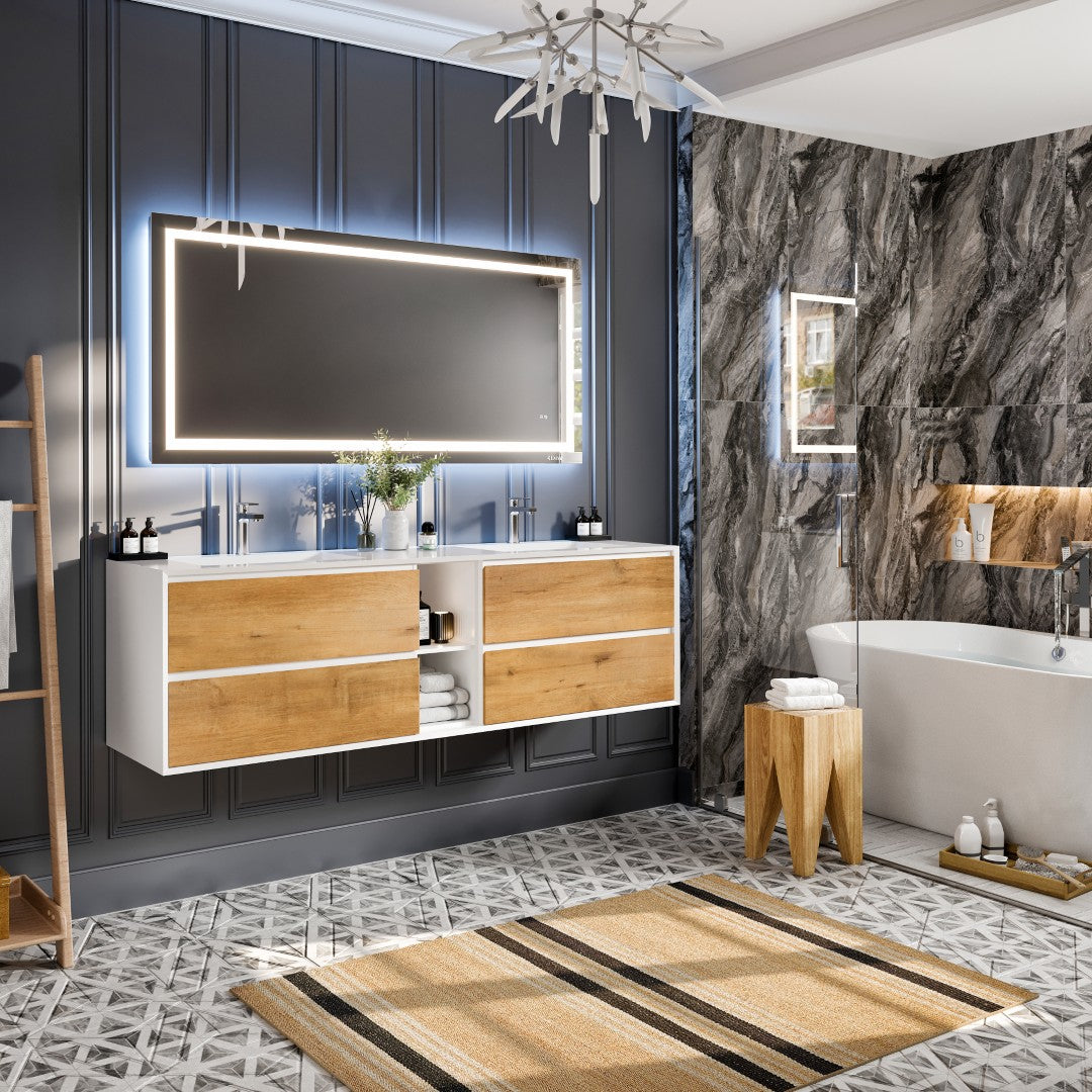 Vienna 75" WH Oak Wall Mount Double Sink Bath Vanity with Acrylic Top and Integrated Sinks
