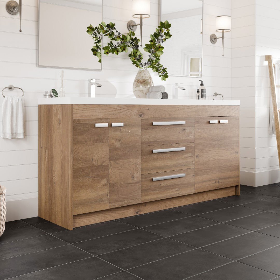 Lugano 72 in. Natural Oak Double Sink Freestanding Bath Vanity with Acrylic Top and Integrated Sinks - Bathroom Vanity by Eviva