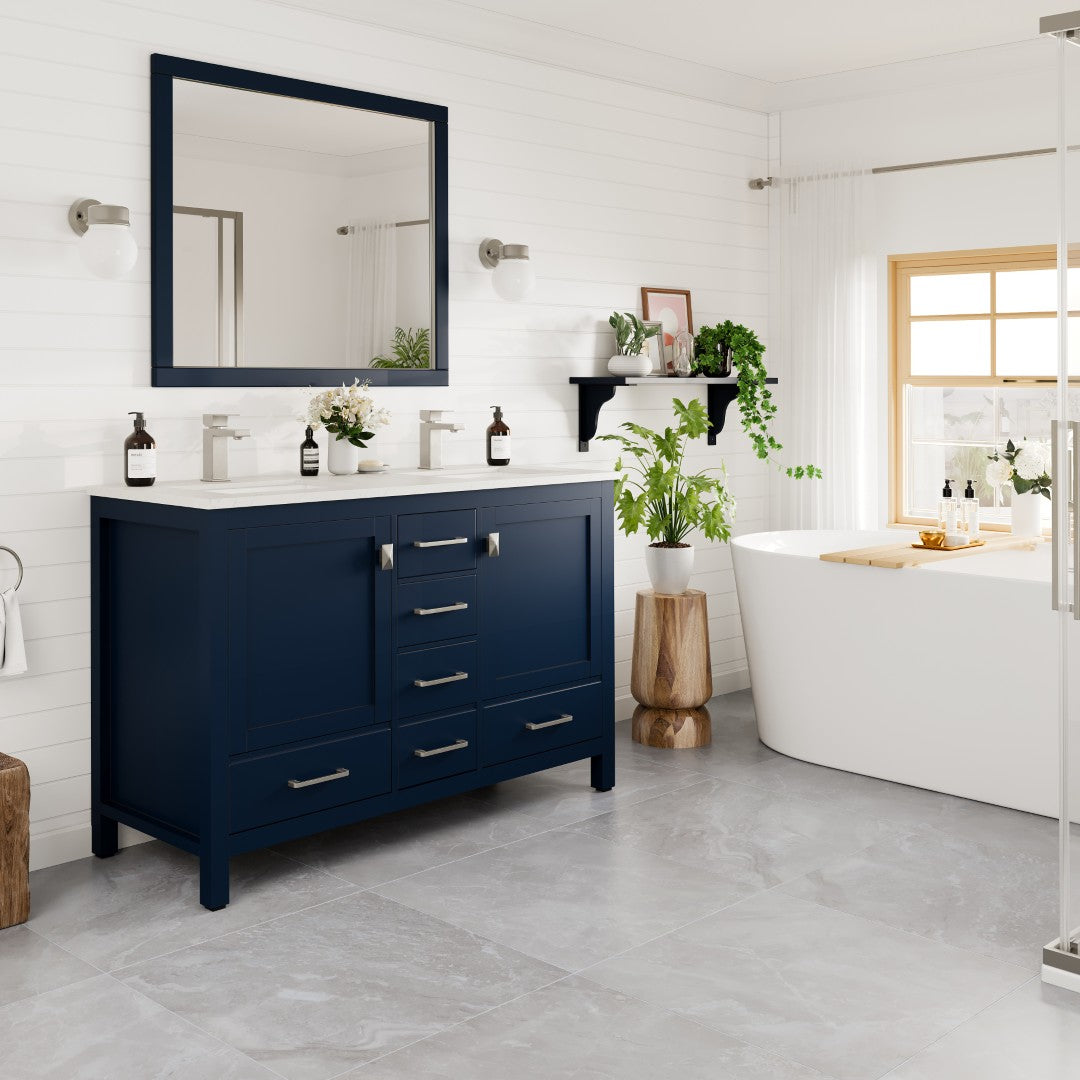 London 48 in. Blue Double Sink Bath Vanity with Carrara Quartz Top and Undermount Porcelain Sinks