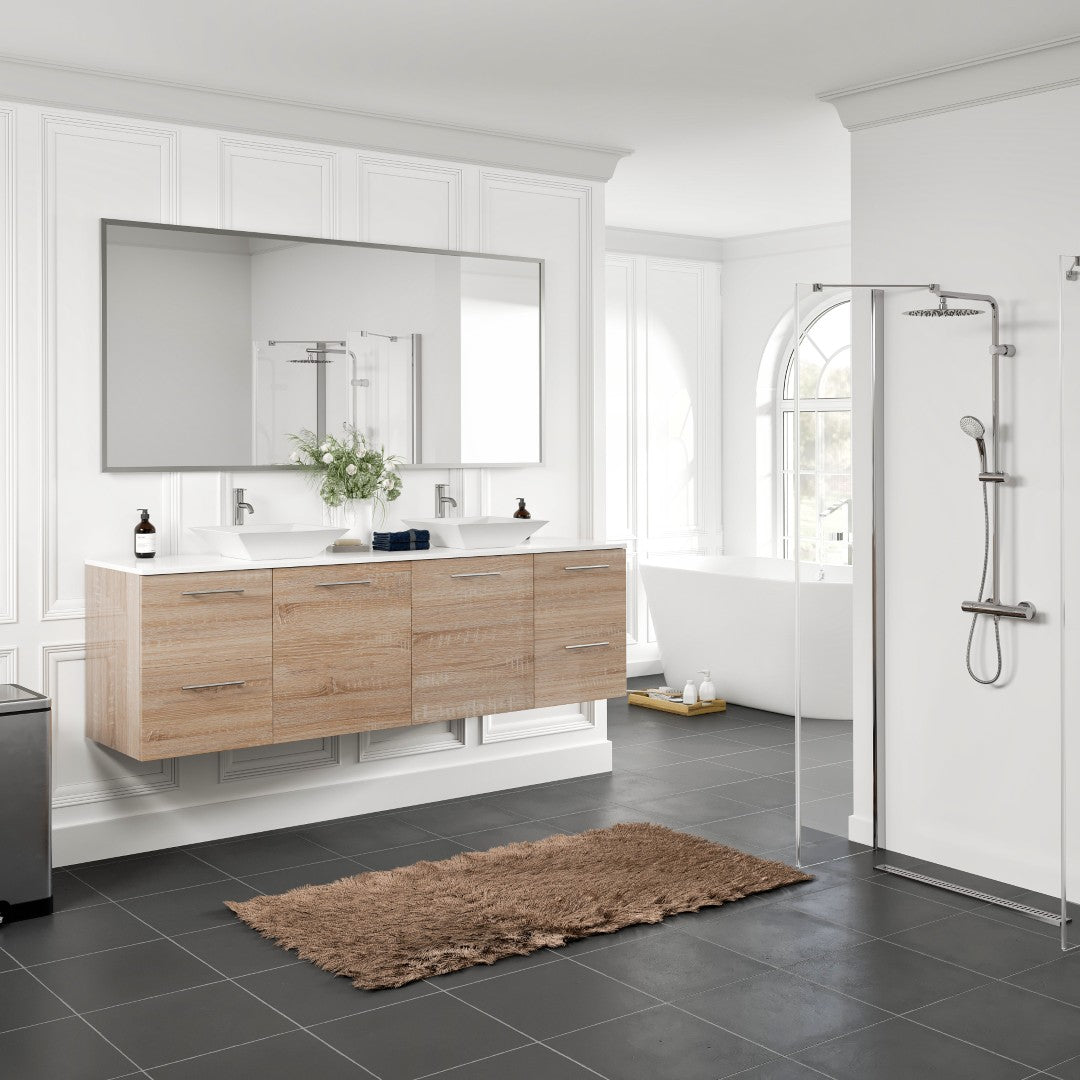 Luxy 72 in. White Oak Wall Mount Double Sink Bath Vanity with White Quartz Top and Vessel Porcelain Sinks