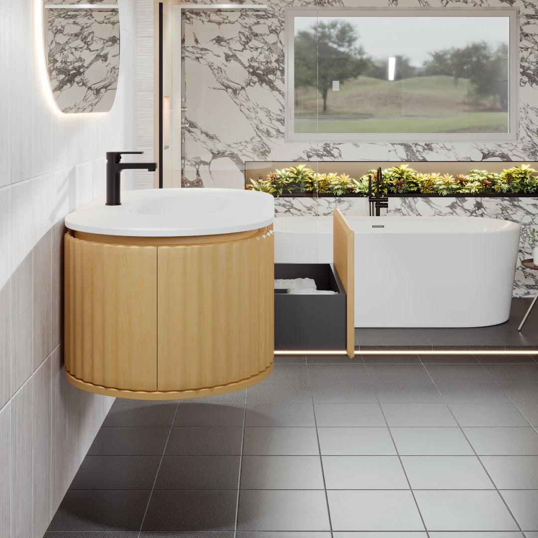 Haven 39 in. Natural Oak Wall Mount Single Sink Bath Vanity with Solid Surface Top and Integrated Sink