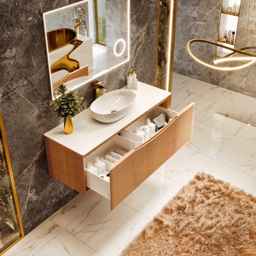 Leah 32 in. Medium Oak Wall Mount Single Sink Bath Vanity with Solid Surface Top and Vessel Solid Surface Sink