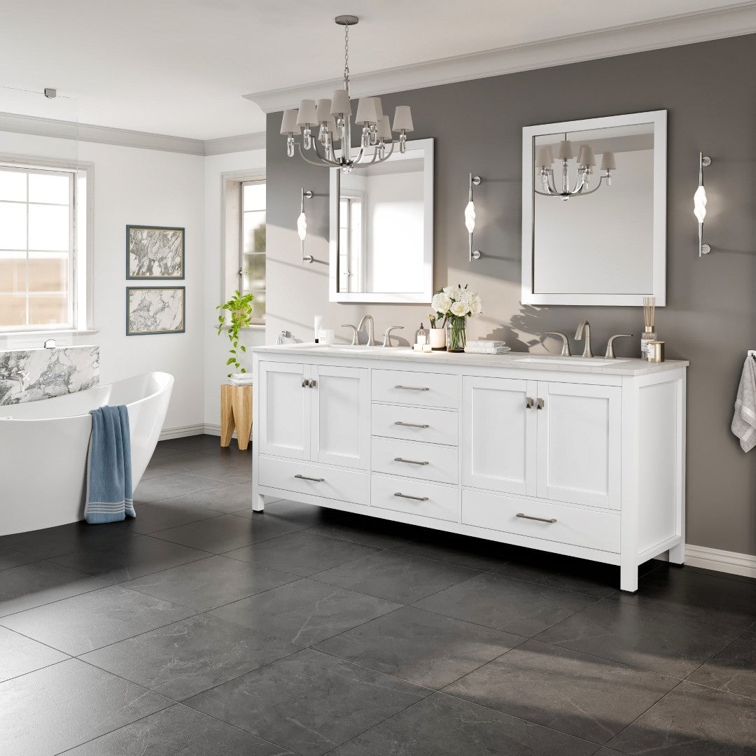 Aberdeen 84 in. White Double Sink Bath Vanity with Carrara Quartz Top and Undermount Porcelain Sinks