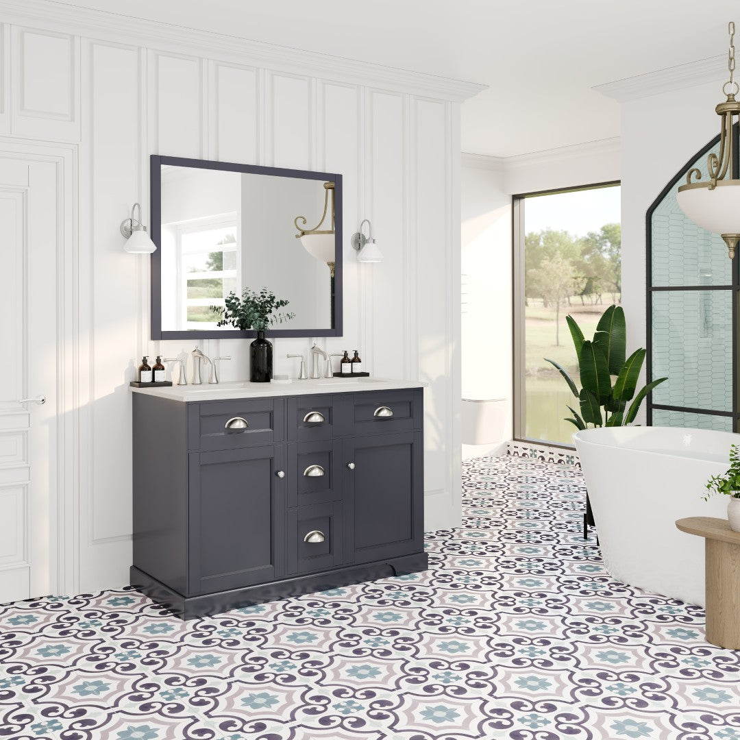 Epic 48 in. Charcoal Gray Double Sink  Bath Vanity with Carrara Quartz Top and Undermount Porcelain Sinks