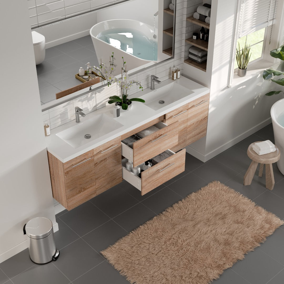 Axis 72 in. White Oak Wall Mount Double Sink Bath Vanity with Acrylic Top and Integrated Sinks