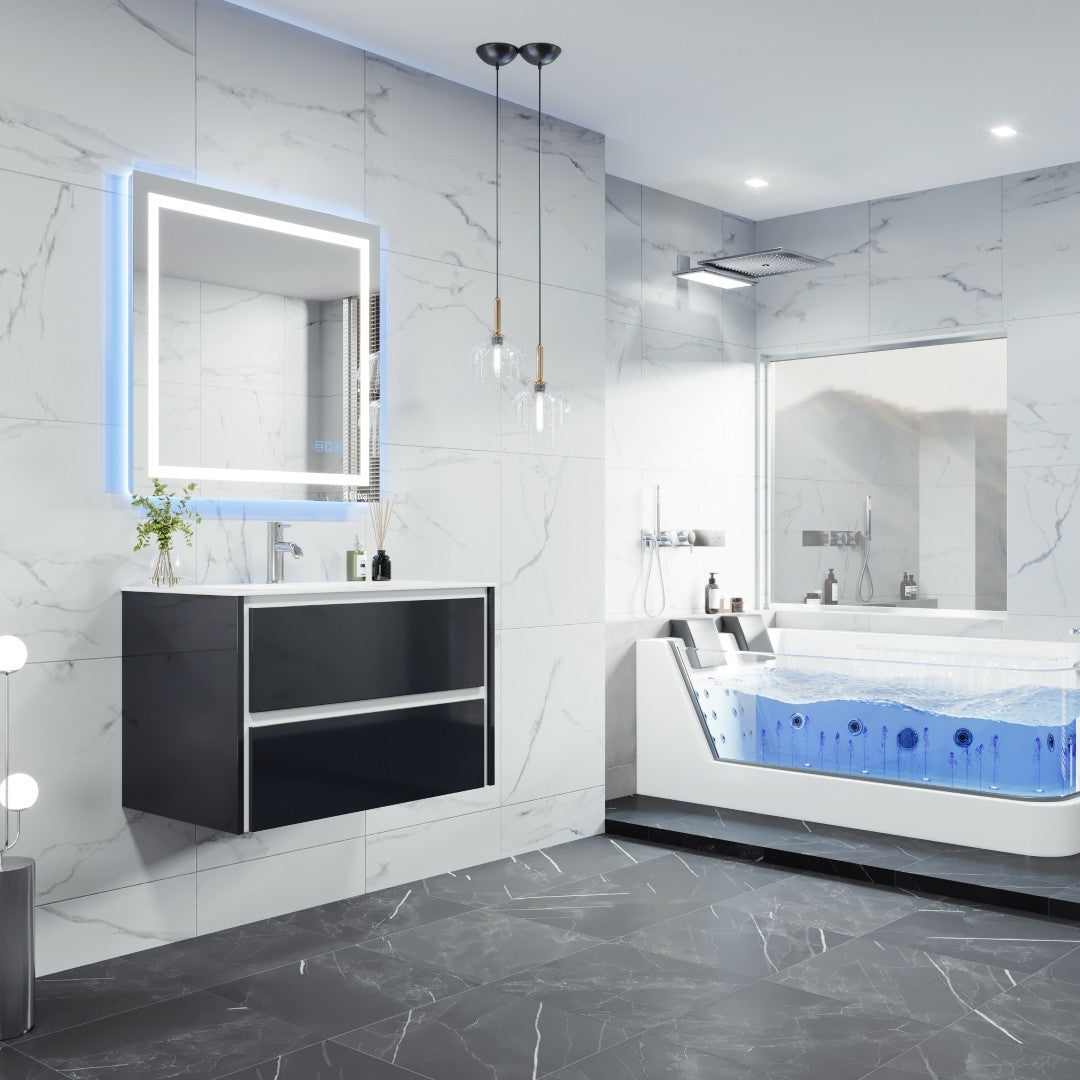 Luna 32 in. Dark Gray Wall Mount Single Sink Bath Vanity with Porcelain Top and Integrated Sink