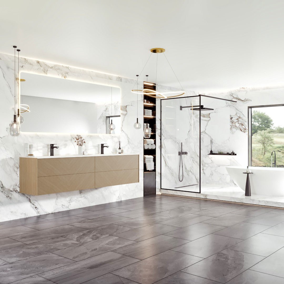 Lotus 71 in. Natural Oak Wall Mount Double Sink Bath Vanity with Solid Surface Top and Integrated Sinks - Bathroom Vanity by Eviva