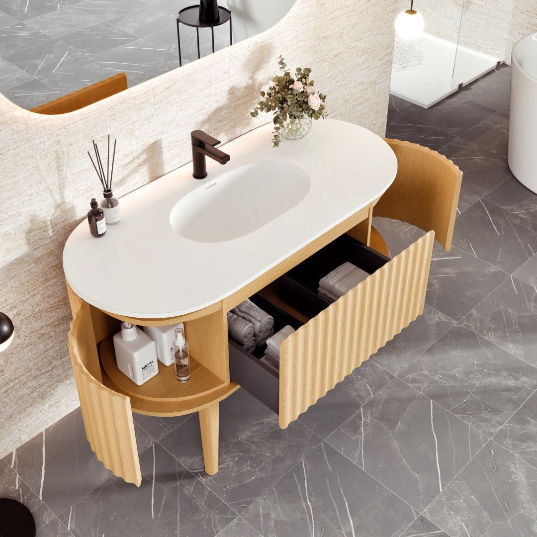 Haven 48 in. Natural Oak Freestanding Single Sink Bath Vanity with Solid Surface Top and Integrated Sink - Bathroom Vanity by Eviva