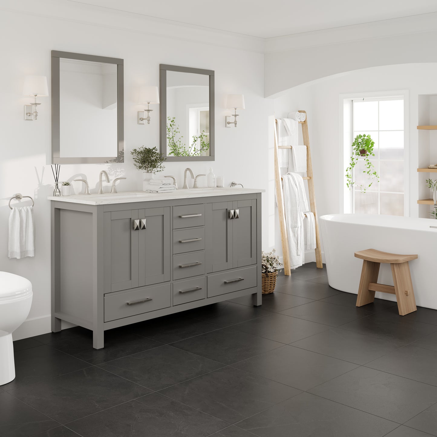 Aberdeen 60"W x 22"D Gray Double Sink Bathroom Vanity with Carrara Quartz Countertop and Undermount Porcelain Sink