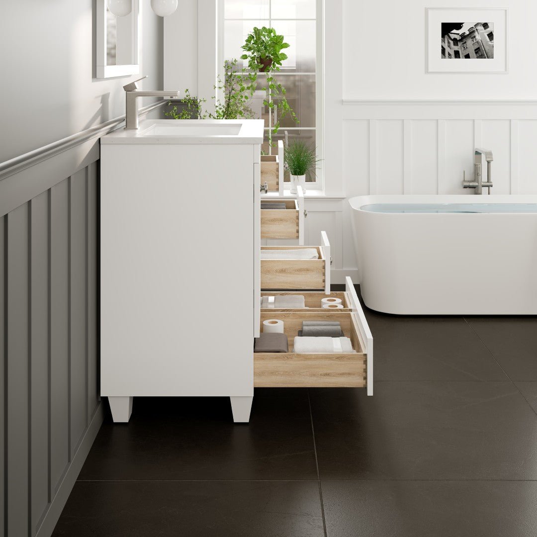 Happy 30 in. White Single Sink Bath Vanity with Carrara Quartz Top and Undermount Porcelain Sink - Bathroom Vanity by Eviva
