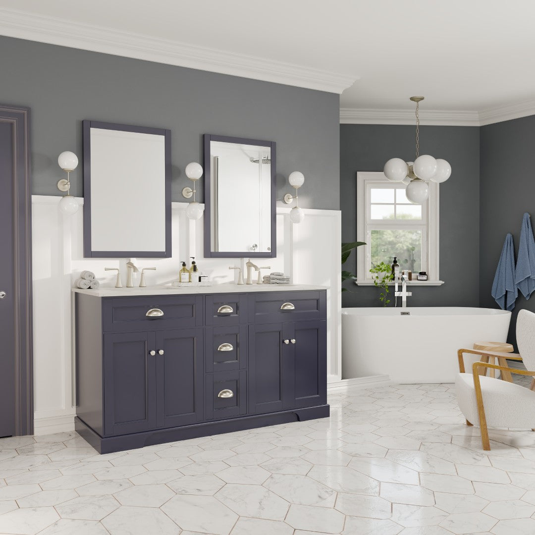 Epic 60 in. Charcoal Gray Double Sink  Bath Vanity with Carrara Quartz Top and Undermount Porcelain Sinks