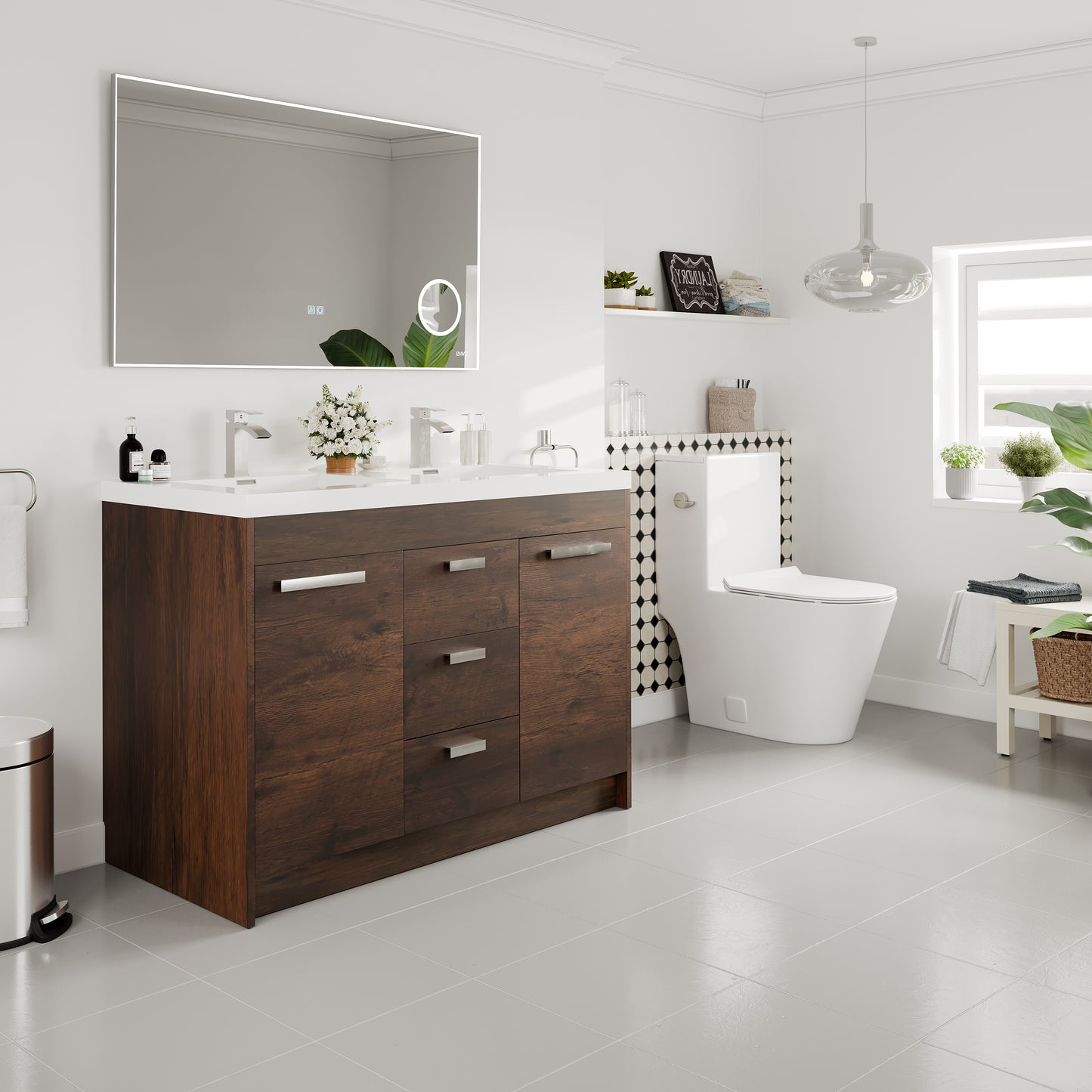 Lugano 48"W x 20"D Rosewood Double Sink Bathroom Vanity with Acrylic Countertop and Integrated Sink