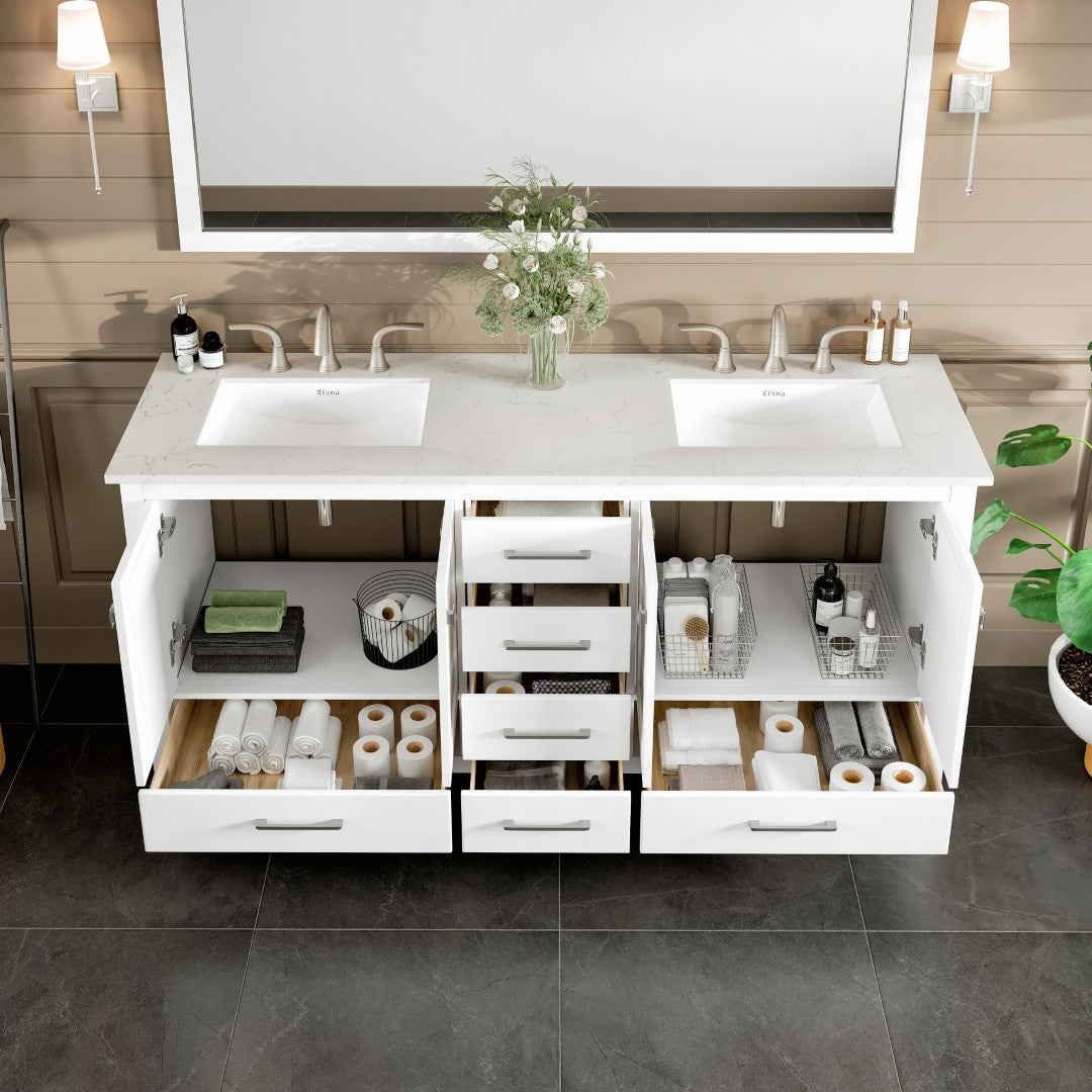 Aberdeen 78 in. White Double Sink Bath Vanity with Carrara Quartz Top and Undermount Porcelain Sinks
