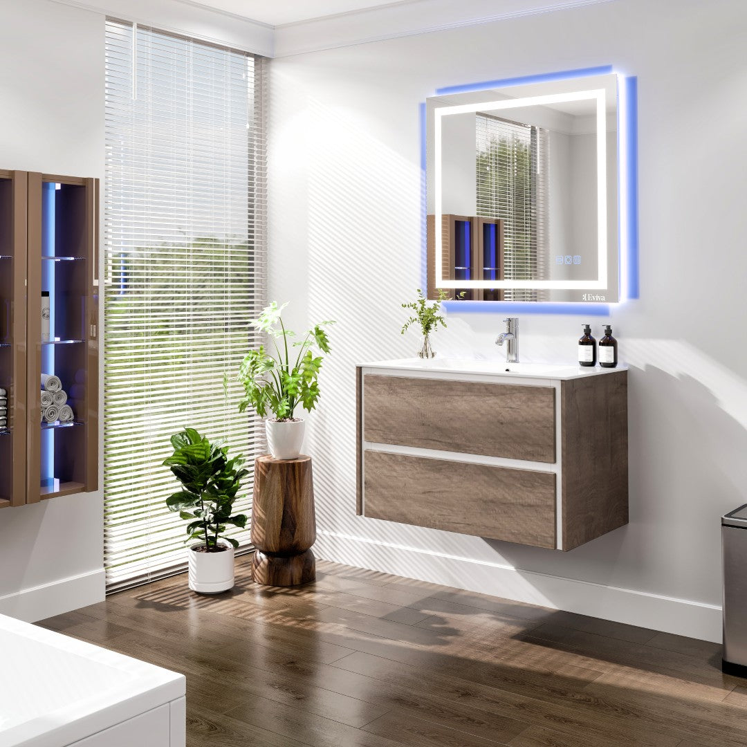 Luna 32 in. Gray Oak Wall Mount Single Sink Bath Vanity with Porcelain Top and Integrated Sink