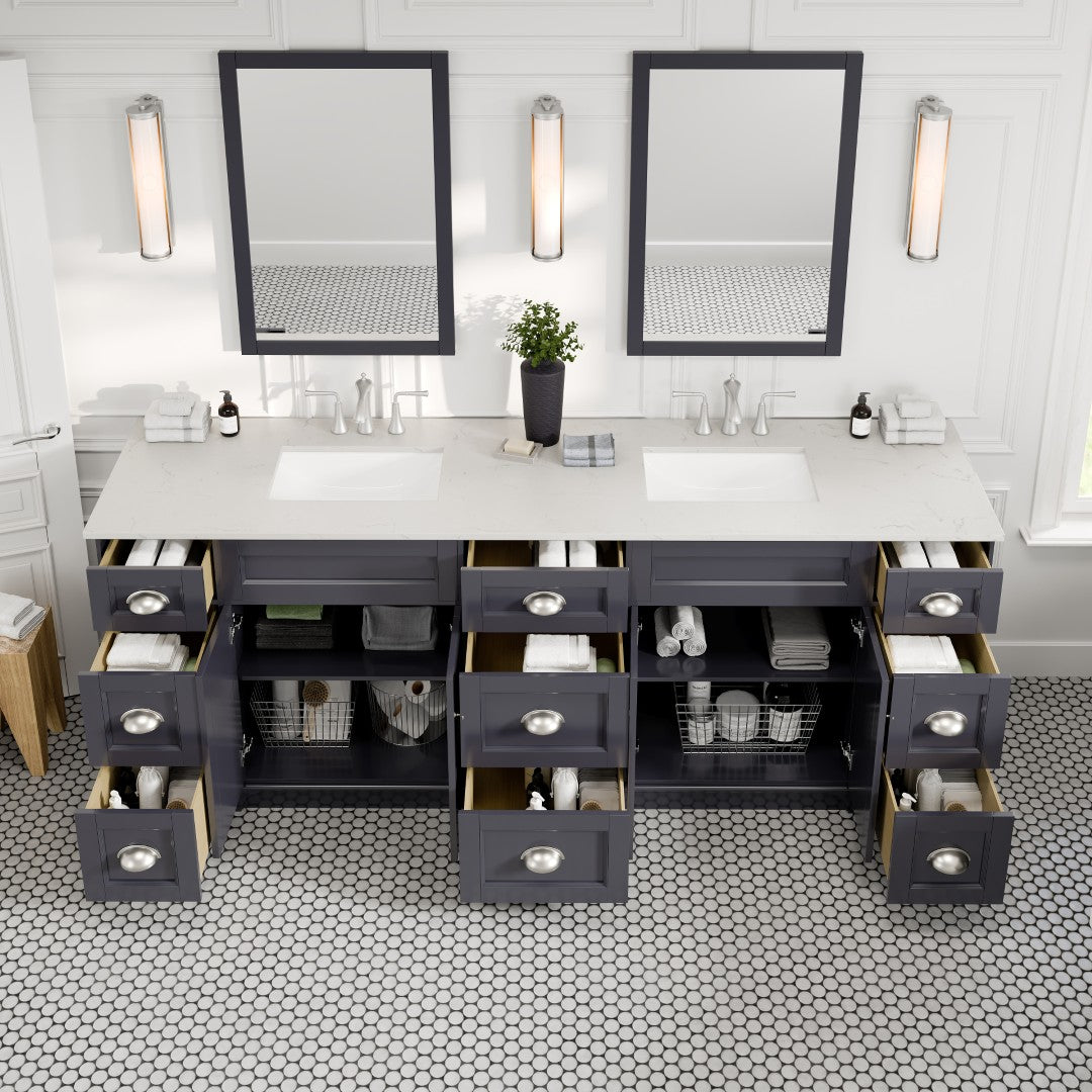 Epic 96 in. Charcoal Gray Double Sink Bath Vanity with Carrara Quartz Top and Undermount Porcelain Sinks