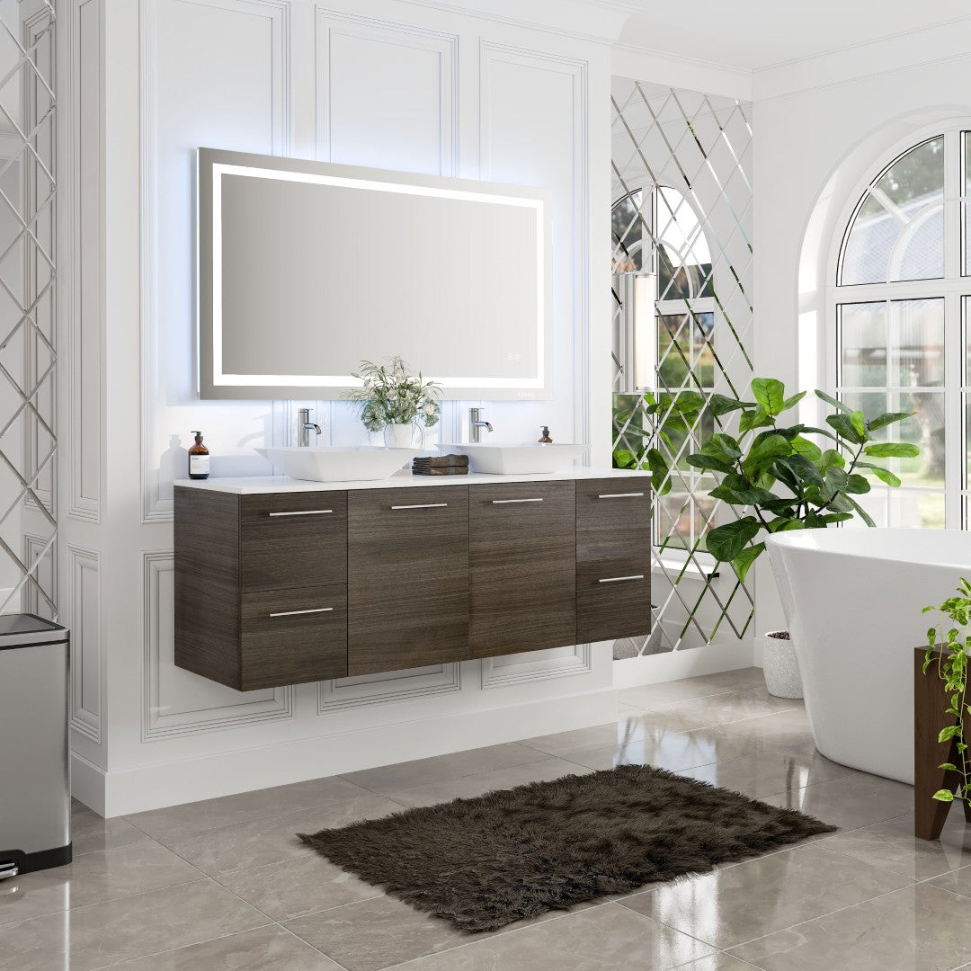 Luxurious 60 in. Gray Oak Wall Mount Double Sink Bath Vanity with White Quartz Top and Vessel Porcelain Sinks