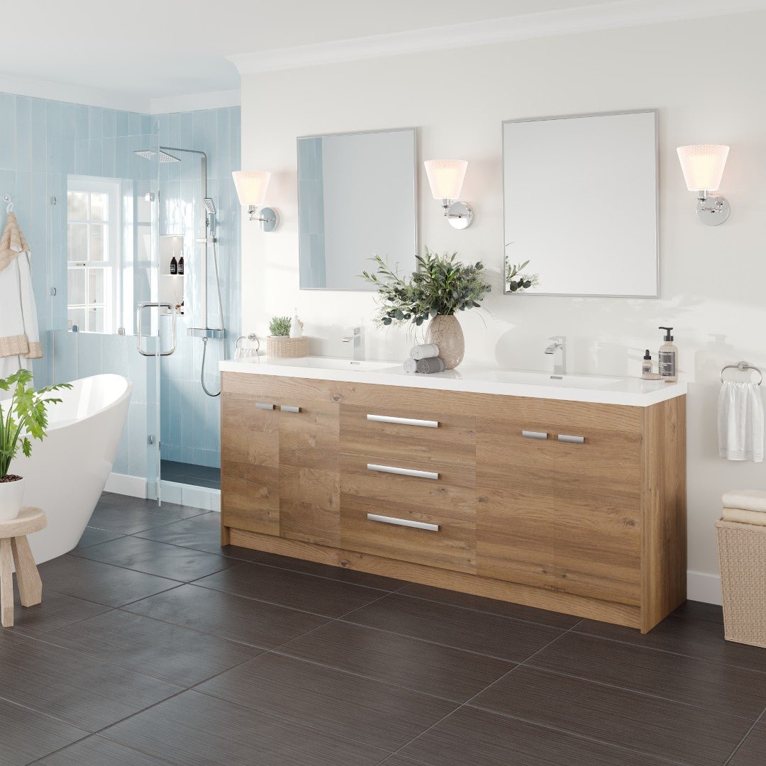 Lugano 84 in. Natural Oak Double Sink Bath Vanity with Acrylic Top and Integrated Sinks - Bathroom Vanity by Eviva