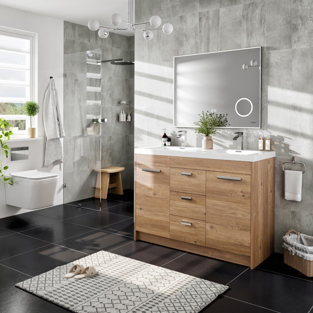 Lugano 48 in. Natural Oak Double Sink Bath Vanity with Acrylic Top and Integrated Sinks - Bathroom Vanity by Eviva