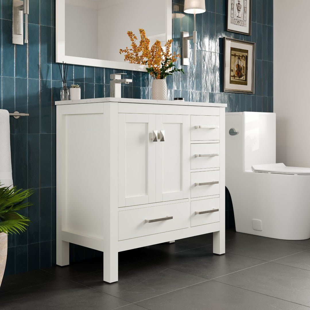 London 36 in. White Single Sink Bath Vanity with Carrara Quartz Top and Undermount Porcelain Sink - Bathroom Vanity by Eviva