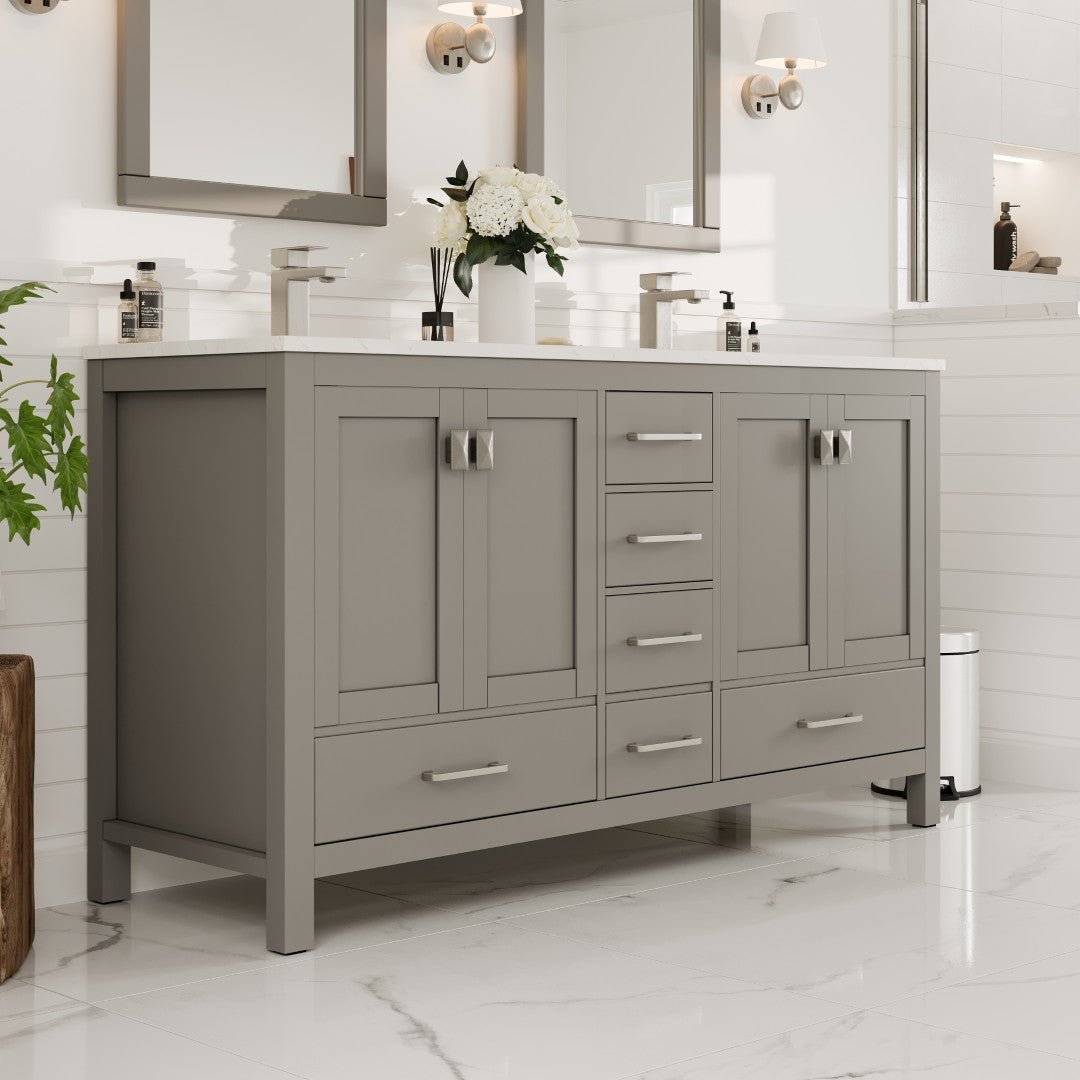 London 60 in. Gray Double Sink Bath Vanity with Carrara Quartz Top and Undermount Porcelain Sinks - Bathroom Vanity by Eviva