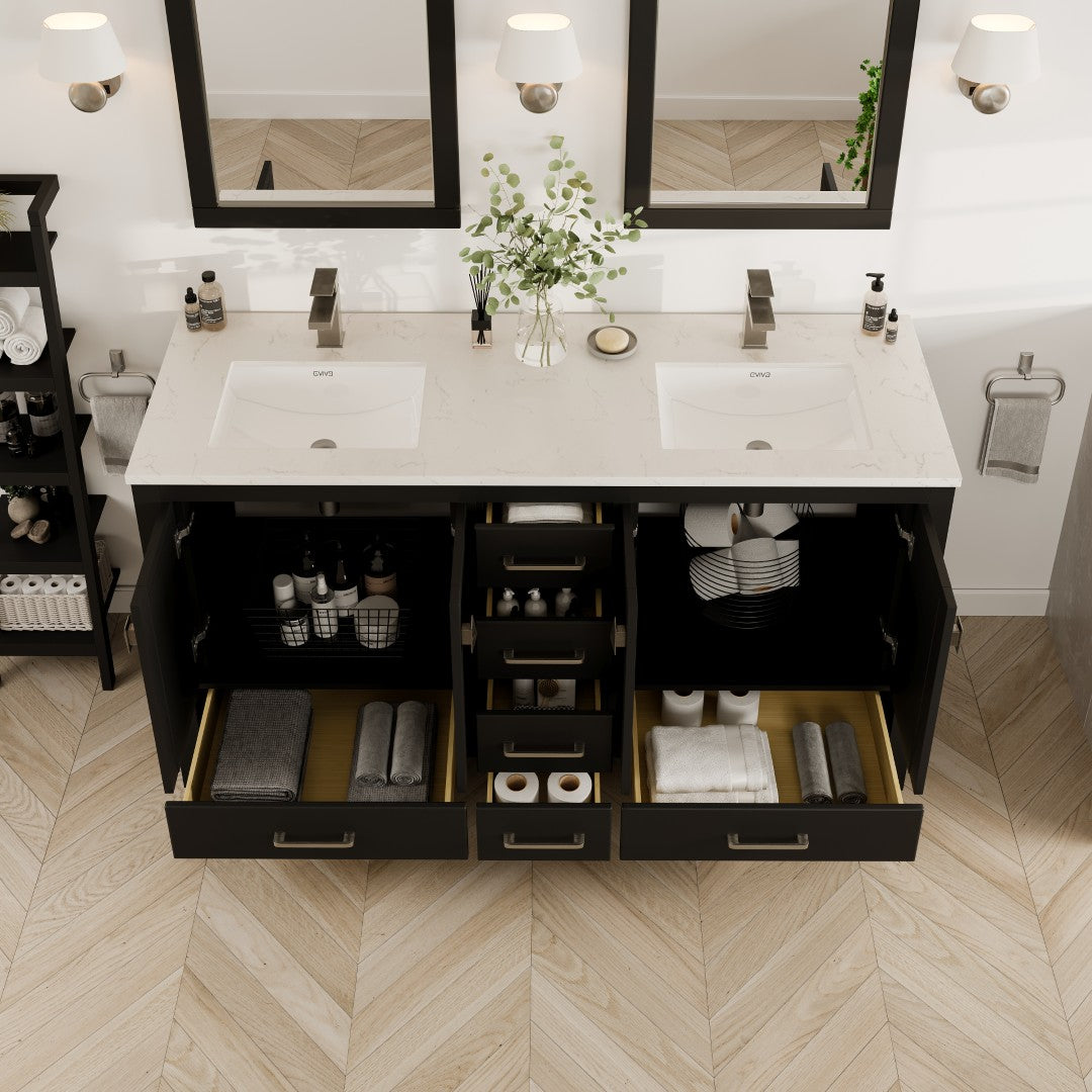 London 60 in. Espresso Double Sink Bath Vanity with Carrara Quartz Top and Undermount Porcelain Sinks
