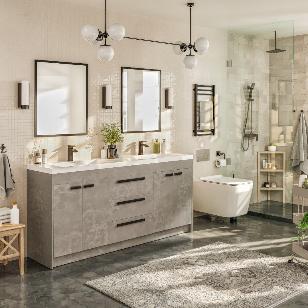 Lugano 72 in. Concrete Gray Double Sink Bath Vanity with Acrylic Top and Integrated Sinks - Bathroom Vanity by Eviva