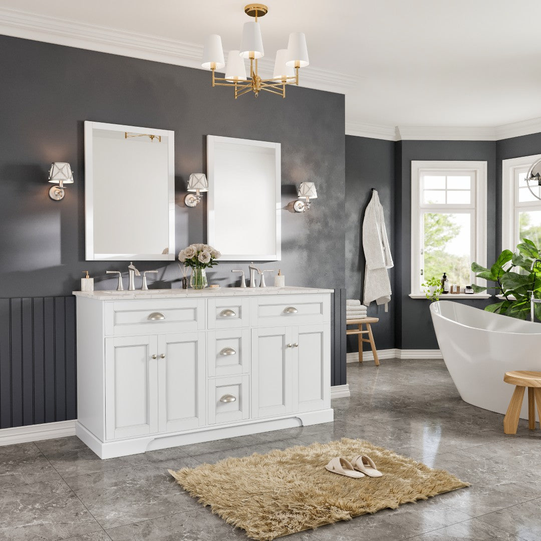 Epic 60 in. White Double Sink Bath Vanity with Carrara Quartz Top and Undermount Porcelain Sinks