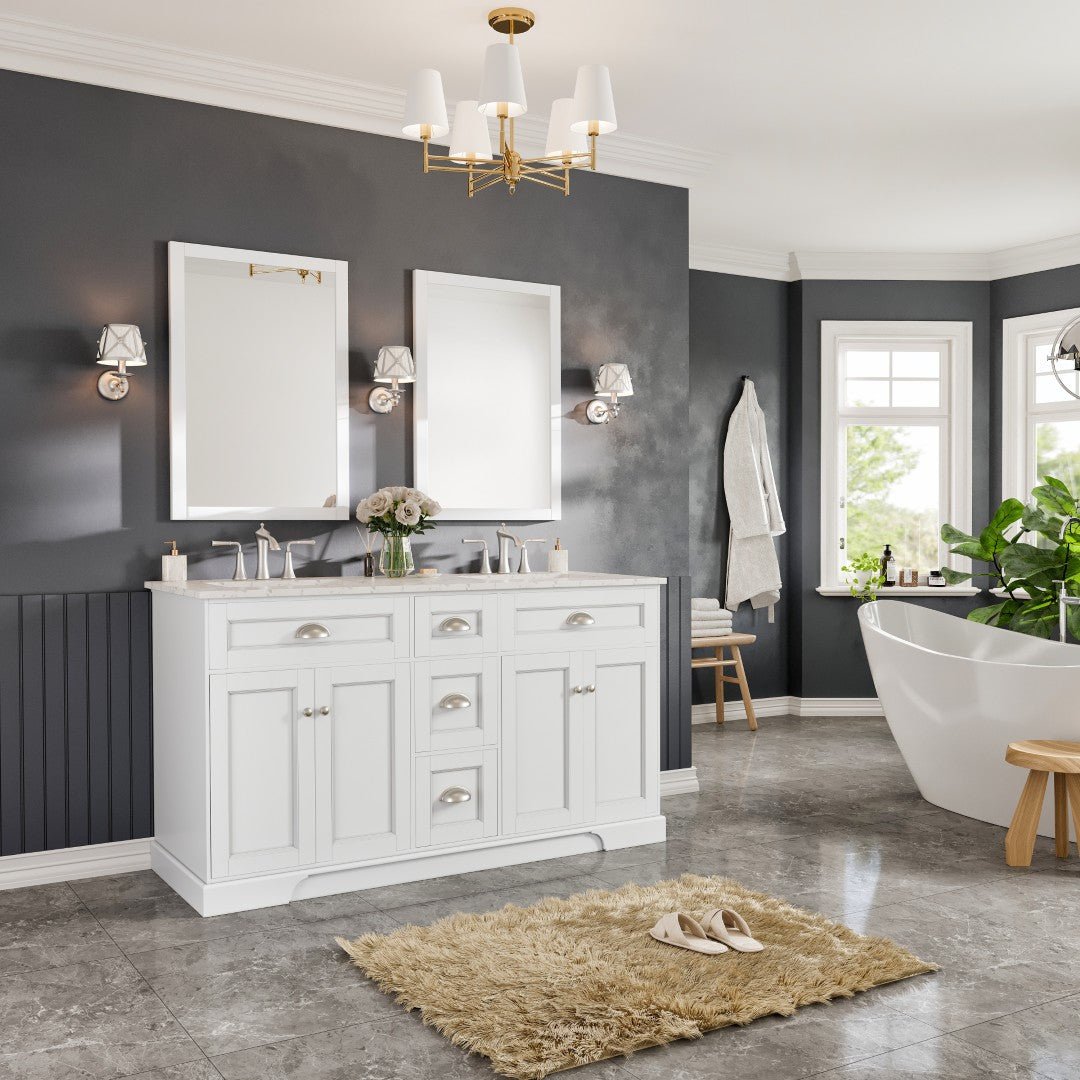 Epic 60 in. White Double Sink Bath Vanity with Carrara Quartz Top and Undermount Porcelain Sinks - Bathroom Vanity by Eviva