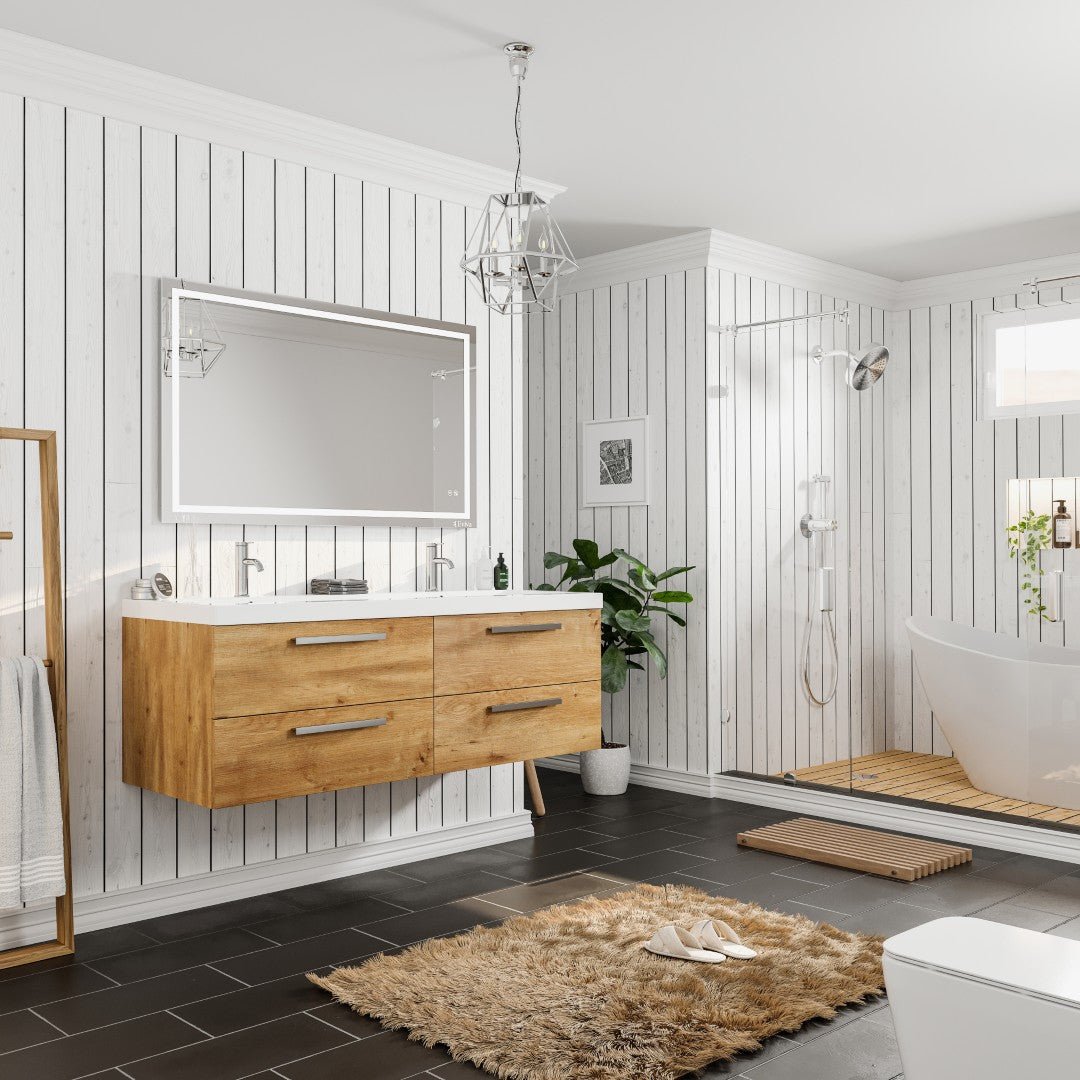 Surf 57 in. Natural Oak Wall Mount Double Sink Bath Vanity with Acrylic Top and Integrated Sinks - Bathroom Vanity by Eviva