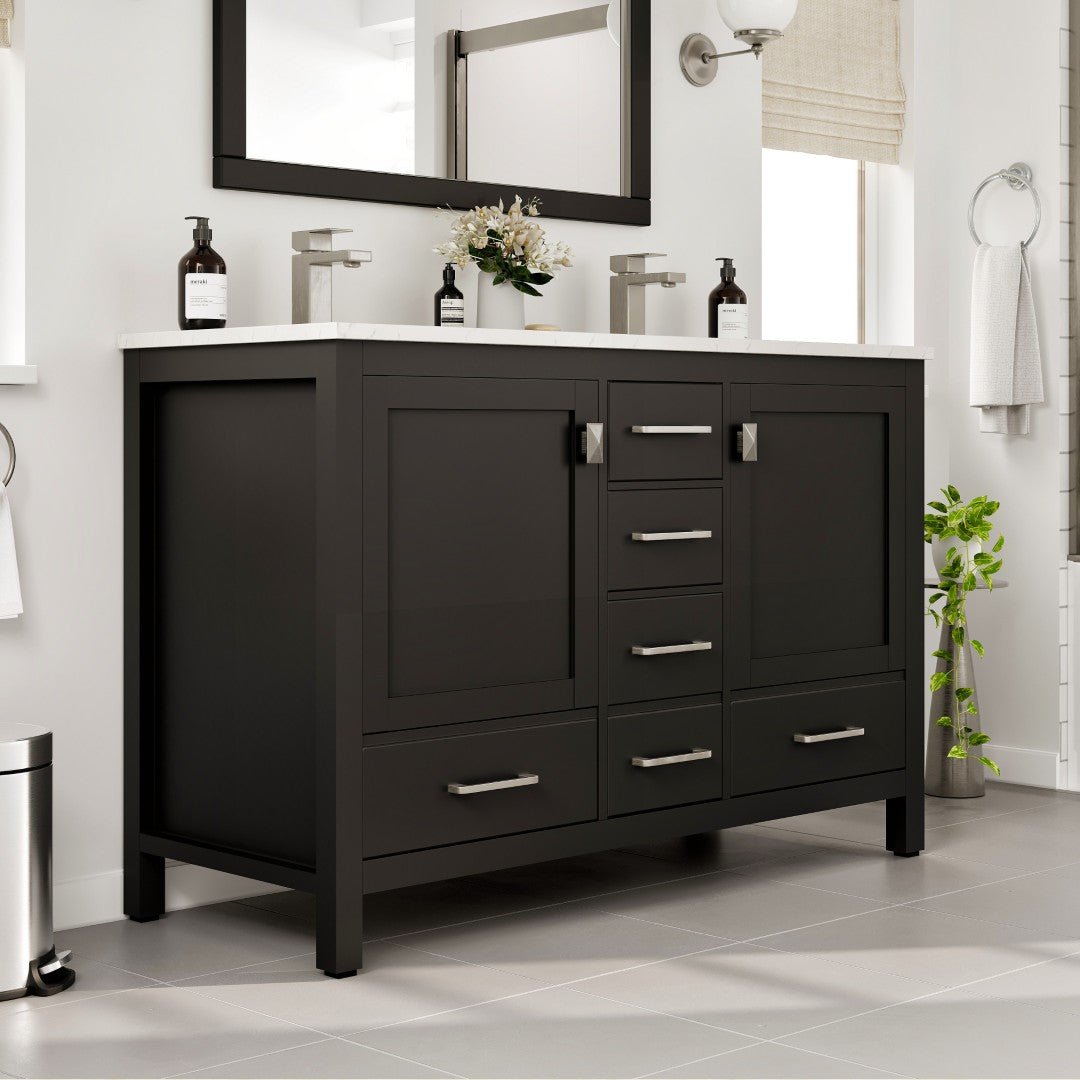 London 48 in. Espresso Double Sink Bath Vanity with Carrara Quartz Top and Undermount Porcelain Sinks - Bathroom Vanity by Eviva