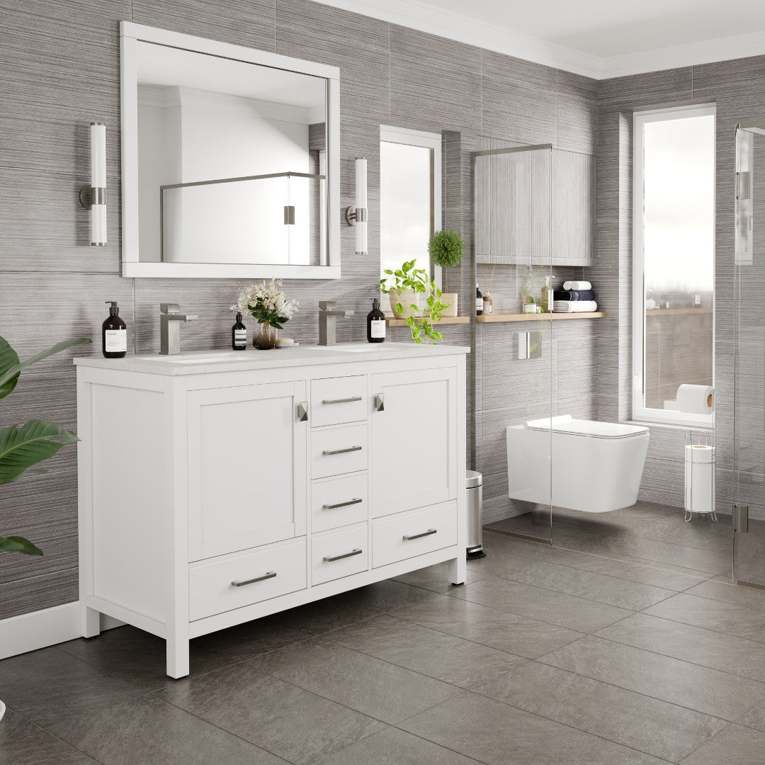 London 48 in. White Double Sink Bath Vanity with Carrara Quartz Top and Undermount Porcelain Sinks