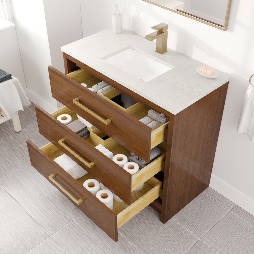Curio 36 in. Walnut Single Sink Bath Vanity with Carrara Quartz Top and Undermount Porcelain Sink - Bathroom Vanity by Eviva