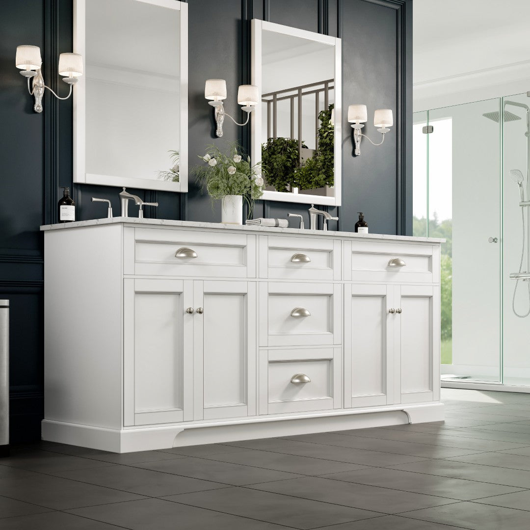 Epic 72 in. White Double Sink Bath Vanity with Carrara Quartz Top and Undermount Porcelain Sinks