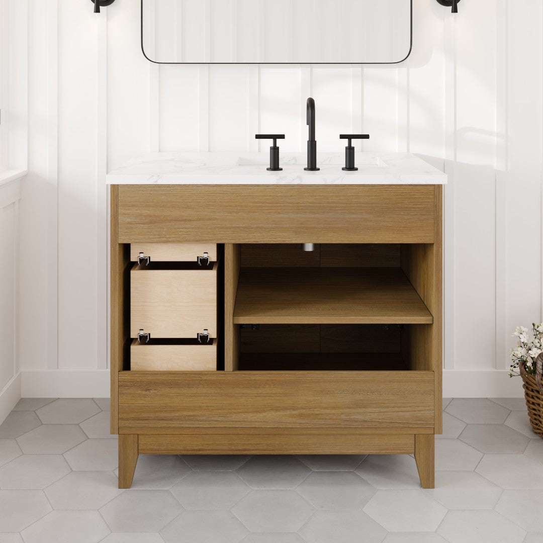 Graham 36 in. Oak Single Sink Bath Vanity with Arabescato Engineered Stone Top and Undermount Porcelain Sink